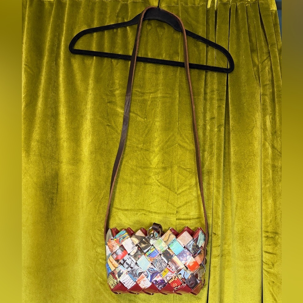 Y2K quirky Woven Up-Cycled Magazine Colorful crossbody bag. Leather strap. - Picture 2 of 8